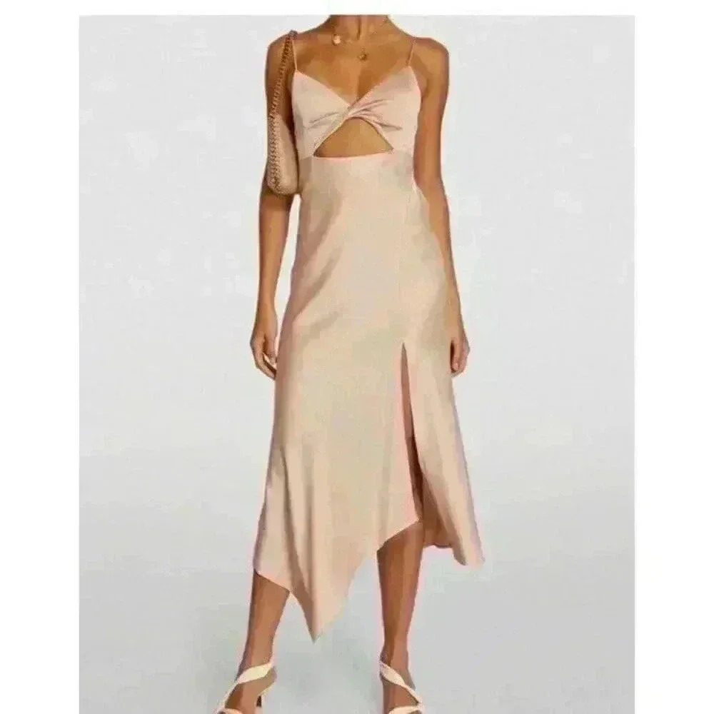New$465 Alice + Olivia Women's Beige Harmony Cutout Asymmetric Midi Dress Size 4